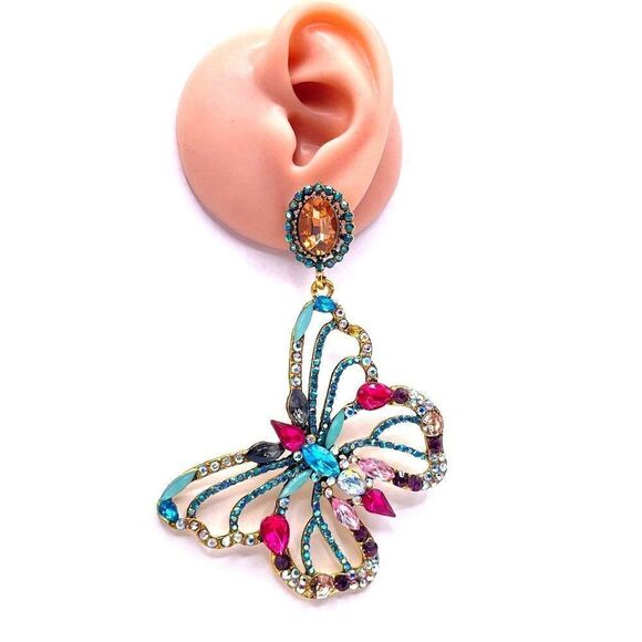 Large Yellow Gold with Colorful Crystal Dangling Post Back Butterfly Earrings - Picture 9 of 9